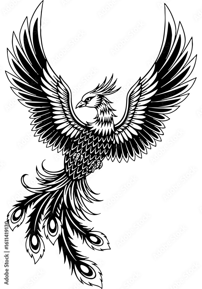 Obraz premium Majestic Japanese Style Phoenix Illustration. Dynamic Mythical Fire Bird Vector Art Symbolizing Rebirth, Renewal, and Good Fortune