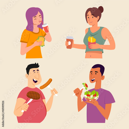 People enjoying various foods and drinks like coffee salad burger fries sausage and steak in casual lifestyle healthy and unhealthy eating concept flat cartoon style illustration