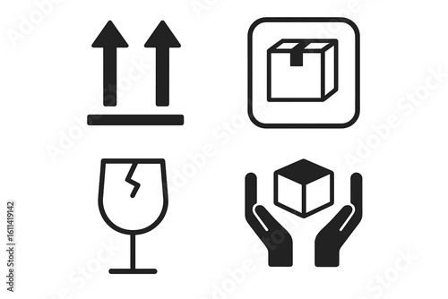 A set of manipulation symbols for packaging cargo products and goods. Fragile, this way up, handle with care icons. Vector elements for marking and logistics labels.