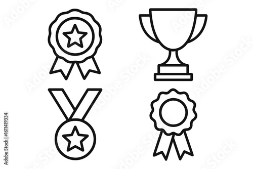 Award and medal icon set in outline linear style. Winner, prize, cup and winnings in competitions. Vector collection of conceptual web icons for success, victory, achievement.
