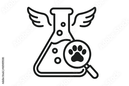 Cruelty free icon. Not tested on animals symbol. Vegan product package label. Animal welfare science concept. No animal testing sign with flask, paw print and wings.