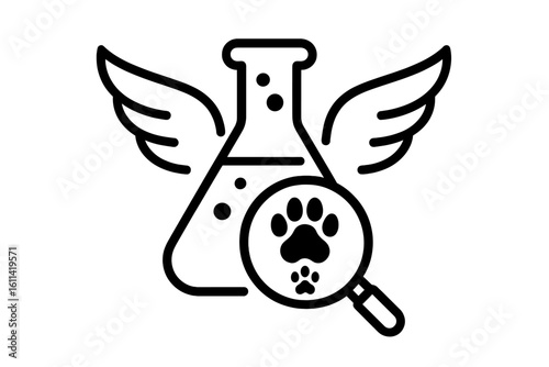 Cruelty free icon. Not tested on animals symbol. Science lab flask with wings & paw under a magnifying glass. Vegan product package label. Animal rights research vector.