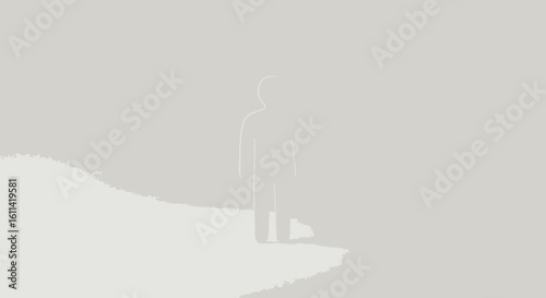 Minimalist art depicting a solitary figure standing on a desolate landscape