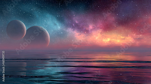 Two planets over water reflecting a colorful nebula sky with stars and clouds at dusk or dawn