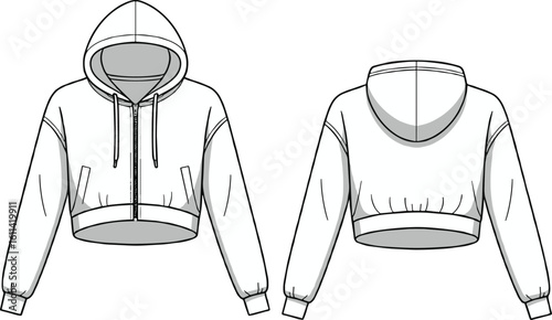 Cropped hoodie fashion template with drawstring hood, front zipper, long sleeves, cuffs and waistband, technical CAD sketch, vector design