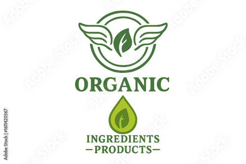 Organic ingredients and products logo. Natural food stamp with leaf and wings. Eco friendly vegan symbol for packaging. Healthy bio cosmetics vector icon design.