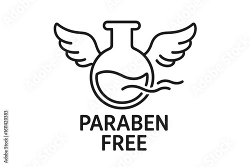 Paraben free icon for cosmetic packaging label. Chemical free product symbol. Flask with wings. Natural, organic, healthy skincare and beauty logo. Preservative free vector.