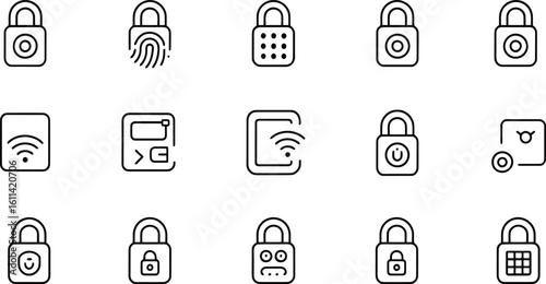 Comprehensive Digital Security & Lock System Line Icons – Cybersecurity, Data Protection, Biometric Access, and Privacy Solutions Vector Set
