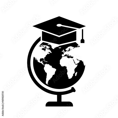 Global education icon, a graduation cap atop a world globe, symbolizing international learning.