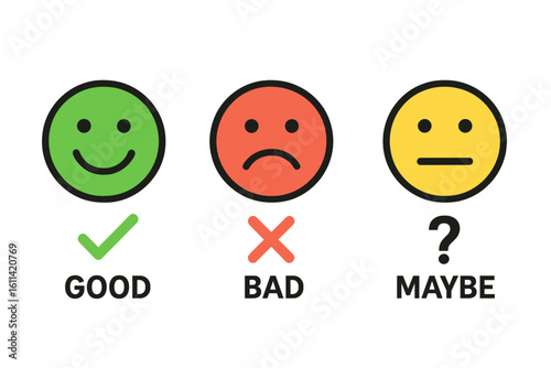 Good bad maybe feedback emoticons. Customer review and satisfaction rating. Yes no maybe choice icons. Smiley face emotion symbols for survey evaluation vector set.