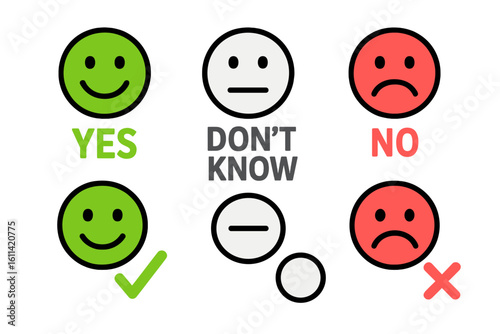 Emotion icon pack for feedback. Yes, No, Don't Know evaluation ratings. Good, bad, neutral emoticons. Vector illustration for customer satisfaction survey.