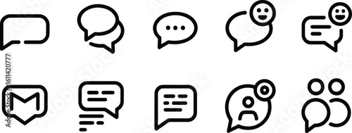 Modern Communication & Messaging Line Icons Set – Chat Bubbles, Social Media, Email, Group Discussions, and Online Interaction UI/UX Elements