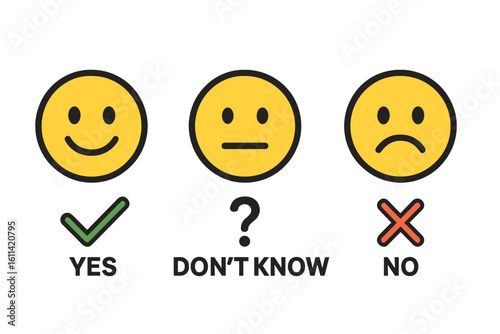 Feedback faces icon set for evaluation and rating. Good, bad, and neutral emotion. Yes, no, don't know for customer satisfaction survey. Vector smiley illustration.