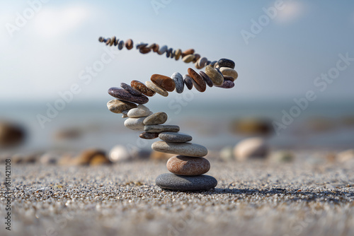 Minimalist pebbles spinning in midair forming a spiral pattern pushed by unseen wind symbolic emotional movement caused by invisible forces