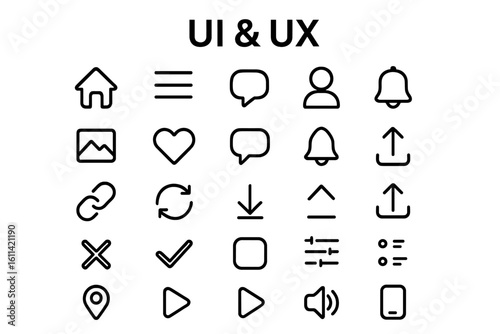 Line icon set for UI and UX design. Web and mobile interface essentials pack. Vector symbols for apps, including home, user, notification, like, download and settings.