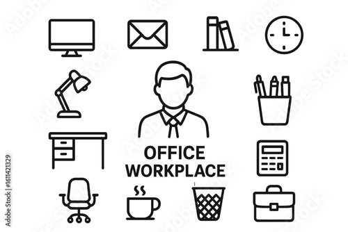 Office workplace icon set in thin line style. Business employee, corporate worker pictogram collection. Vector web icons for website and mobile app design. Work concept.