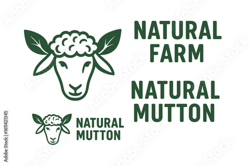 Natural farm mutton logo concept. Sheep head icon with leaf ears as symbol for organic products. Vector set for food packaging and labeling. Eco friendly lamb meat brand identity.