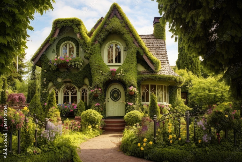Fototapeta premium Beautiful house covered by green ivy and surrounded by colorful flowers in a well maintained garden