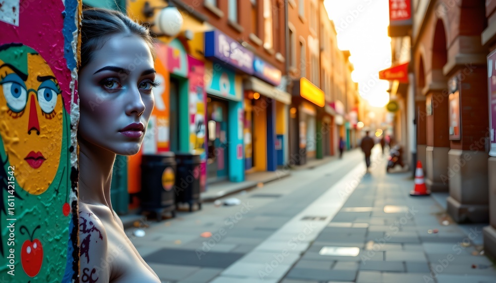 Obraz premium a young woman standing in an urban street setting during sunset. she is leaning casually against a colorful wall adorned with a graffiti portrait of a person's face