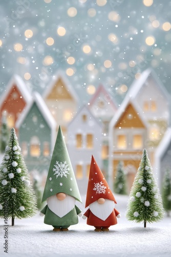 Children's naive creativity, New Year's paper green Christmas tree, white houses in the style of German houses from the 1800s, two retro gnomes in funny New Year's hats background with snowflakes
