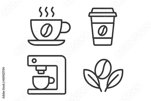 Coffee icon set thin line style. Vector symbols espresso cup, takeaway drink, coffee machine, bean. Editable stroke for web, app design. Beverage outline concept.