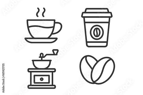 Coffee shop vector line icon collection. Includes cappuccino cup, takeaway coffee, manual grinder, and roasted beans. Simple outline symbols for cafe menu. Editable stroke.