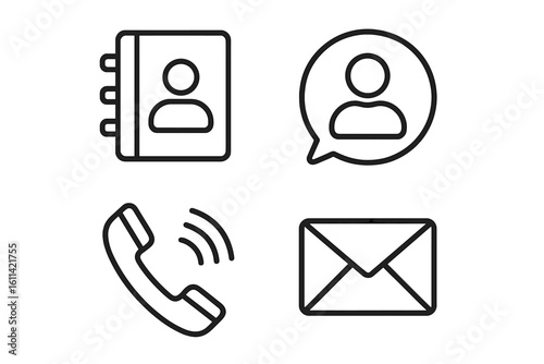 Contact us vector icon set. Thin line art symbols for business communication. Includes address book, telephone call, email, chat message. For website and app interface.