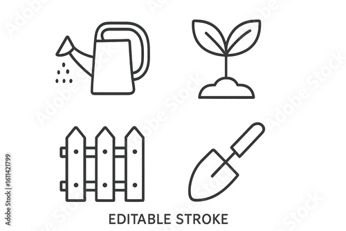 Set of gardening linear icons. Watering can, plant sprout, fence, trowel symbols. Farming and agriculture concept. Outline vector illustration for web and apps. Editable stroke.