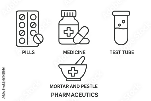 Set of pharmaceutical vector line icons. Medicine, healthcare, and pharmacy concepts. Editable outline symbols like pills, bottle, test tube, and mortar and pestle.