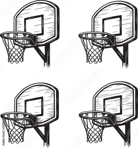 Hand drawn style Basketball hoop silhouette set isolated on transparent background