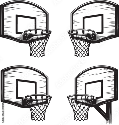 Hand drawn style Basketball hoop silhouette set isolated on transparent background