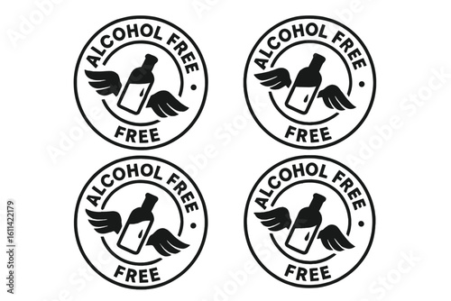 Alcohol free conceptual stamps set for product packaging. Non-alcoholic beverage labeling icon. Round stamp with winged bottle, a symbol of liberation and freedom from alcohol.