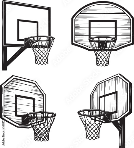 Hand drawn style Basketball hoop silhouette set isolated on transparent background