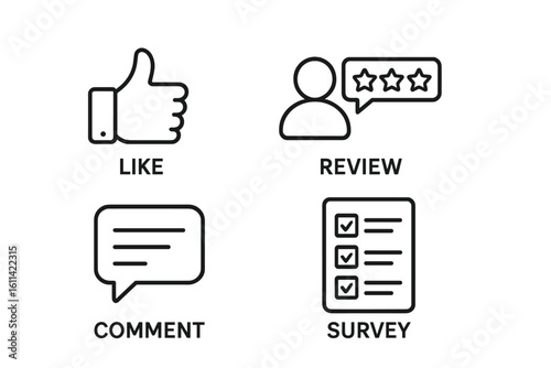 Feedback and review line icon set. Like, comment, and survey symbols. Customer satisfaction, user opinion, and quality rating concepts. Vector outline pictogram collection.