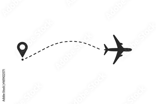 Airplane flight path route with location pin. Start point and destination line trace. Travel, journey, and vacation concept. Aircraft tracking on map vector icon.