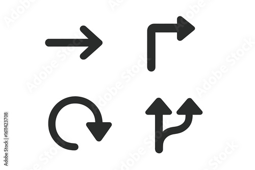 Direction arrow icon set for navigation UI. Glyph collection: straight right arrow, right angle turn arrow, clockwise circular arrow, split diverging arrows, transparent background