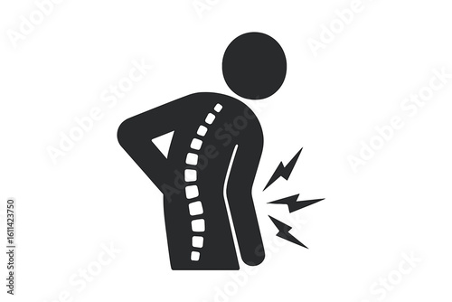 Lower back pain icon, human silhouette with spine curve, person clutching lumbar area, injury symptom, chiropractic orthopedic medical healthcare concept, isolated vector graphic