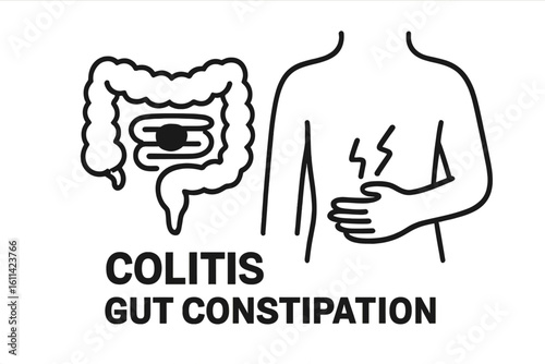 Colitis and Constipation Outline Icon – Inflamed Colon, Abdominal Pain, Bloating, Digestive Tract Disorder, Gastroenterology Symptom, Medical Healthcare Flat Line Vector Illustration