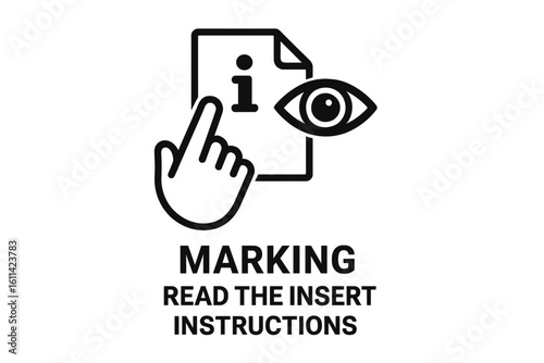 Product Packaging Safety Icon – Hand Pointing at Information Leaflet with Eye Symbol, “Read Instructions Before Use” Marking for Consumer Goods Compliance, Black Outline Vector Illustration