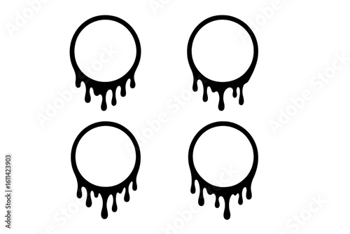 Dripping paint circle frames set. Liquid ink drip round borders and melting fluid stain ring shapes. Grunge splash label design elements. Vector isolated transparent background