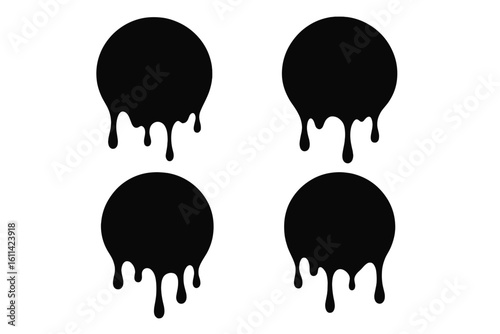 Dripping paint circle icons set. Black liquid stains, ink blots, melting drops silhouette. Grunge drip effect for graffiti decal design. Isolated vector.