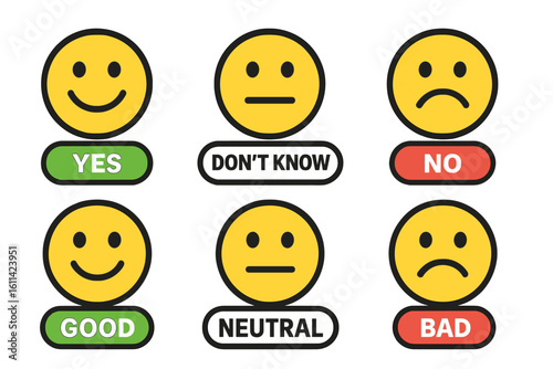 Feedback emoji icons set. Smiley face rating scale with yes no don't know good neutral bad emotions. Customer satisfaction survey evaluation emoticon pack. UX UI vector isolated.