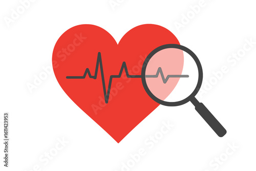 Cardiology vector illustration of red heart with ECG electrocardiogram heartbeat line under magnifying glass, medical diagnostics and health monitoring symbol on white background
