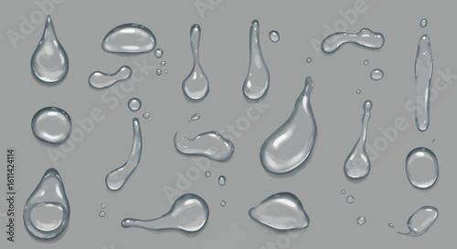 Elegant illustration of diverse water droplets on gray background showcases realism