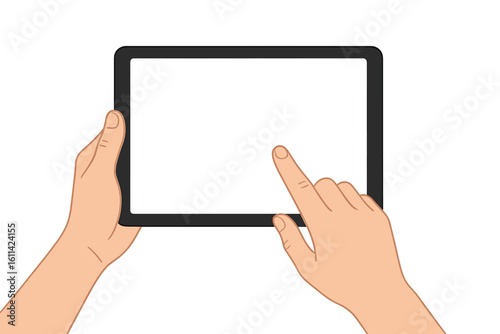 Hands holding modern black digital tablet with blank white touchscreen isolated on white background, finger tapping device mockup, tablet pc user interface placeholder illustration