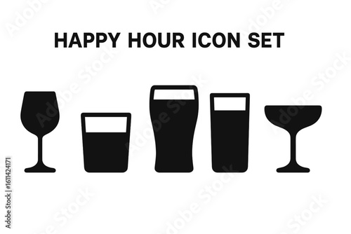 Happy hour drink glassware icons set – solid silhouette wine glass, rocks tumbler, pint beer glass, highball, coupe cocktail glass, transparent background vector illustration