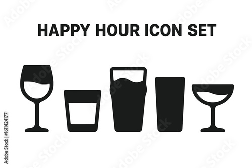 Happy hour beverage glass icon set. Filled black silhouette vector of wine goblet, whiskey tumbler, beer pint, highball, cocktail coupe glassware on transparent background