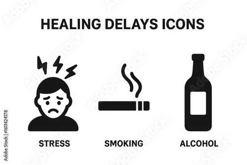 Glyph icons of healing delay factors: stressed face lightning, smoking cigarette, alcohol bottle, harmful habits hindering recovery, black silhouette medical signs vector