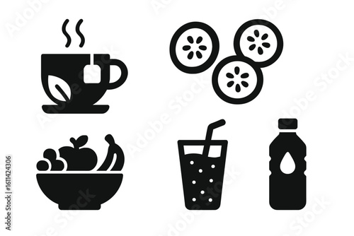 Black glyph healthy snack and drink icons set. Herbal tea cup with steam, cucumber rings, fruit bowl, bubbly smoothie glass with straw, water bottle symbol. Solid vector silhouette.