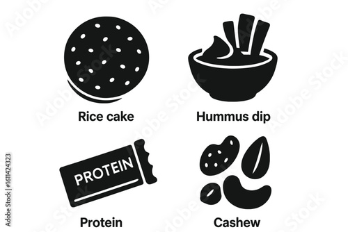 Healthy snack icon set—solid black silhouette rice cake, hummus dip with veggie sticks, protein bar label, mixed cashew peanut nut assortment—minimalist vector illustration, diet food concept